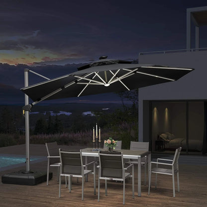 12ft Solar LED Patio Umbrella Outdoor Round Umbrella Large Cantilever Umbrella with LED Lights Windproof Bias Umbrella Heavy Duty Parasol for Garden Deck Pool Patio