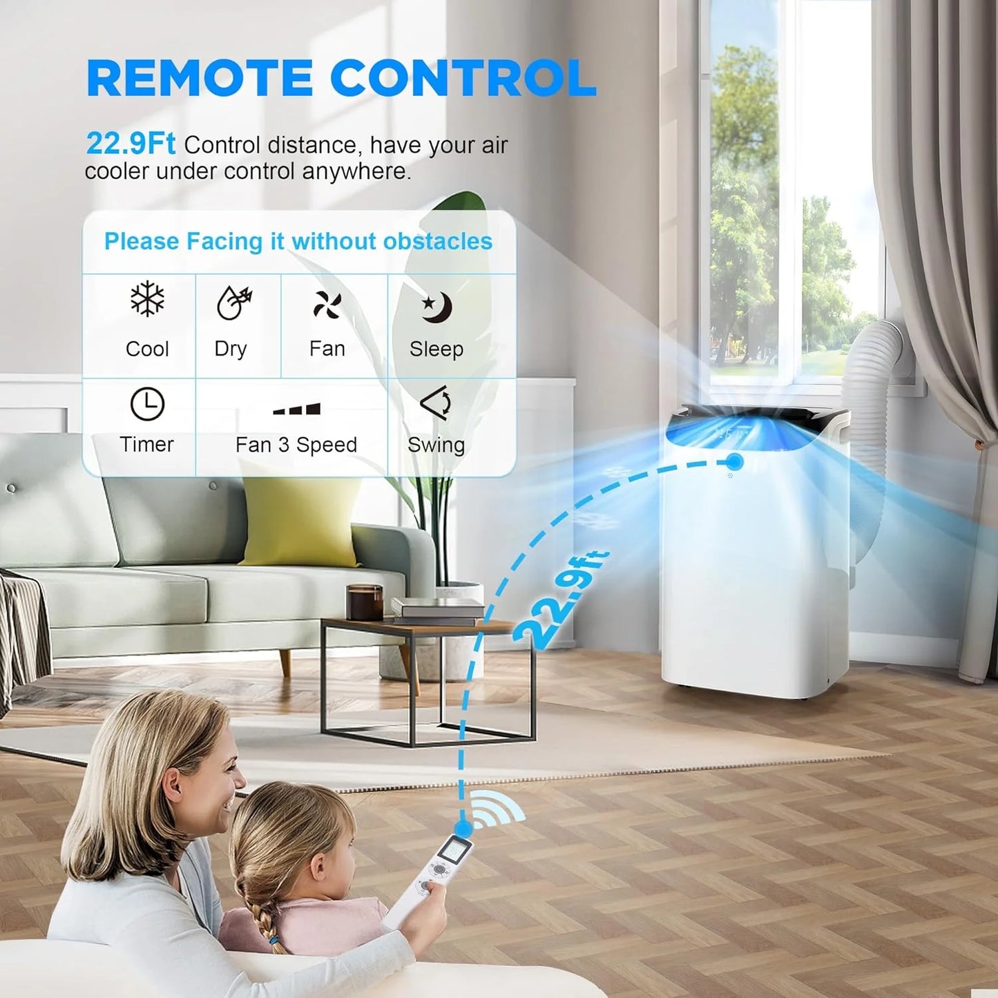 Portable Air Conditioners with Remote Control, 3-in-1 Free Standing Cooling AC Unit with Fan & Dehumidifier, Cools Room up to 700 sq.ft, Smart/Sleep Mode,3 Speed,Auto Swing,24H Timer