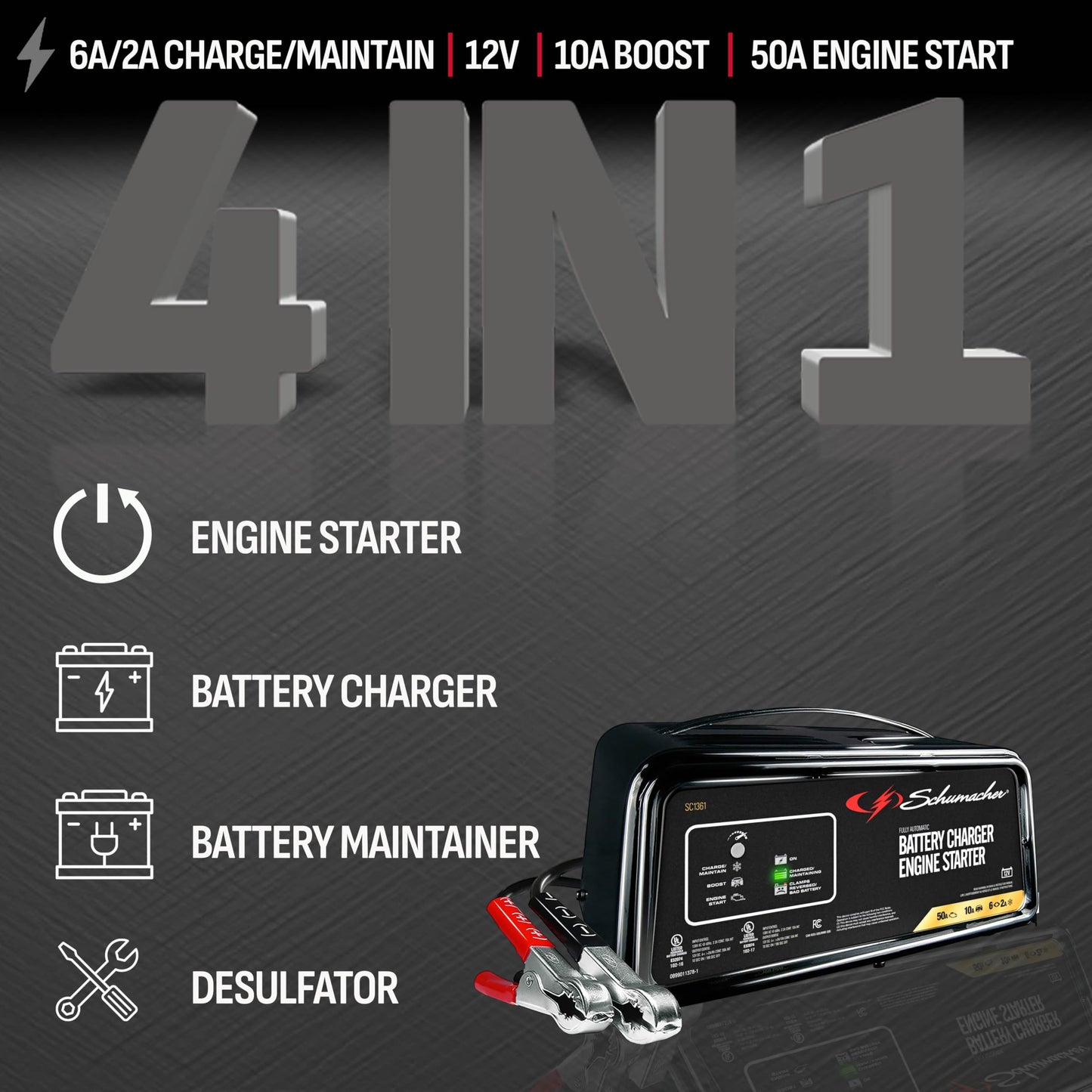 SCHUMACHER ELECTRIC 6A Car Battery Charger & 50A Engine Starter, 4-in-1