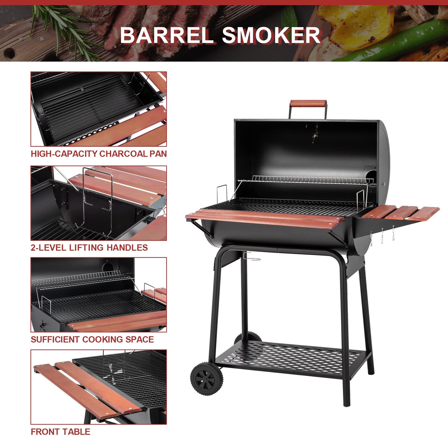 ROYAL GOURMET CC1830V Charcoal Grill with Wood Side Table - 627 sq in
