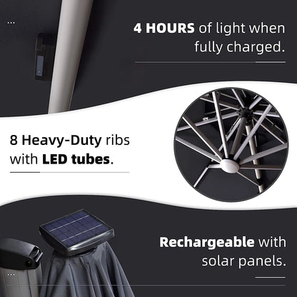 12ft Solar LED Patio Umbrella Outdoor Round Umbrella Large Cantilever Umbrella with LED Lights Windproof Bias Umbrella Heavy Duty Parasol for Garden Deck Pool Patio