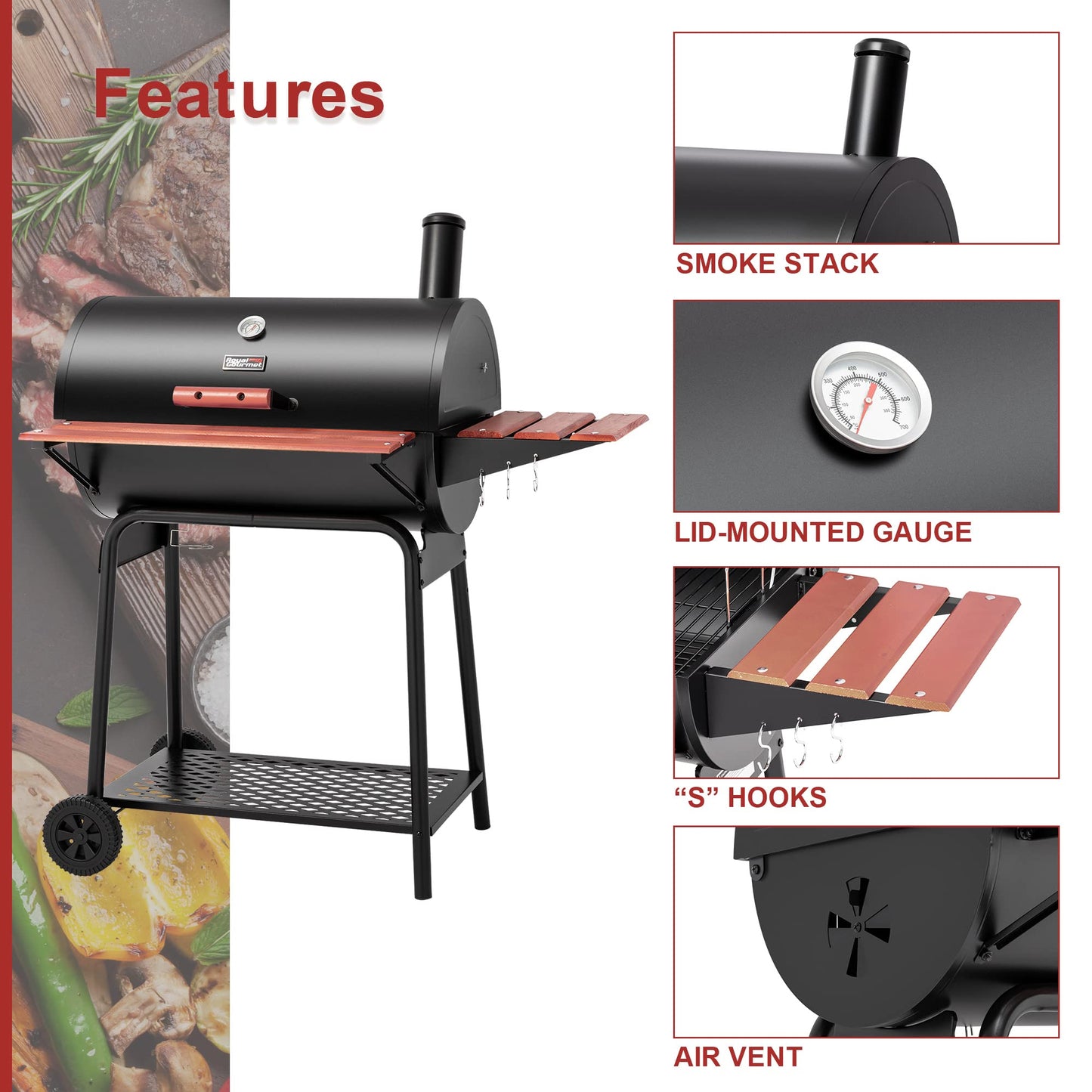 ROYAL GOURMET CC1830V Charcoal Grill with Wood Side Table - 627 sq in
